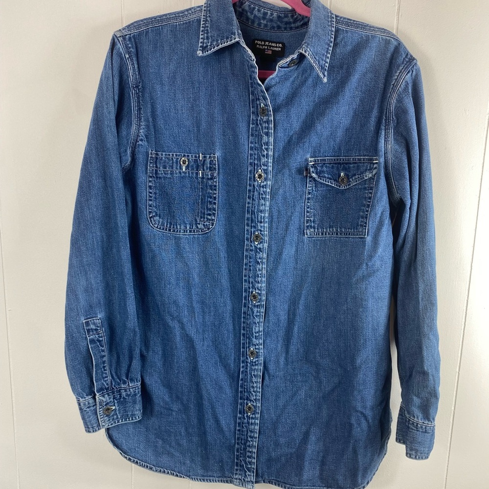 Vintage Ralph Lauren Polo Jeans Denim Button Shirt Blouse L Large Women Collared